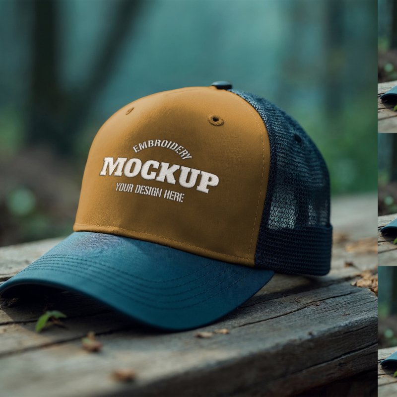 Colorizable-Trucker-Cap-Mockup-with-Embroidery-Effect-on-an-Outdoor-Wood-Table