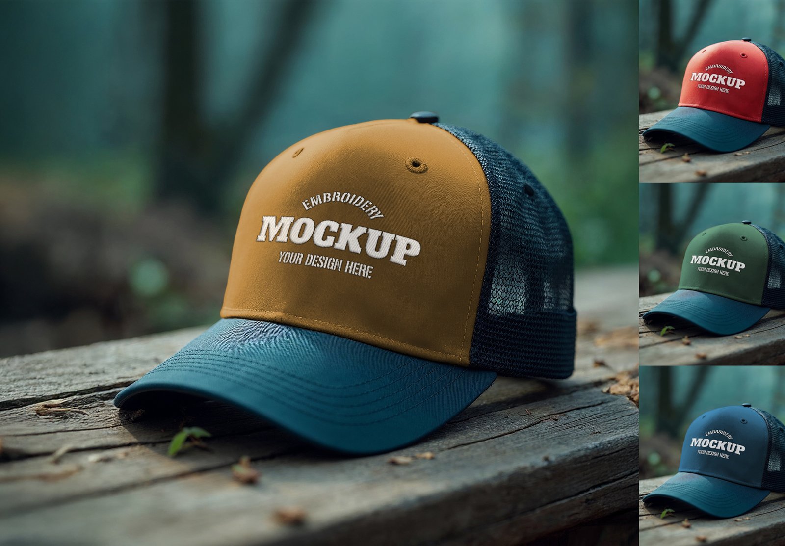 Colorizable-Trucker-Cap-Mockup-with-Embroidery-Effect-on-an-Outdoor-Wood-Table