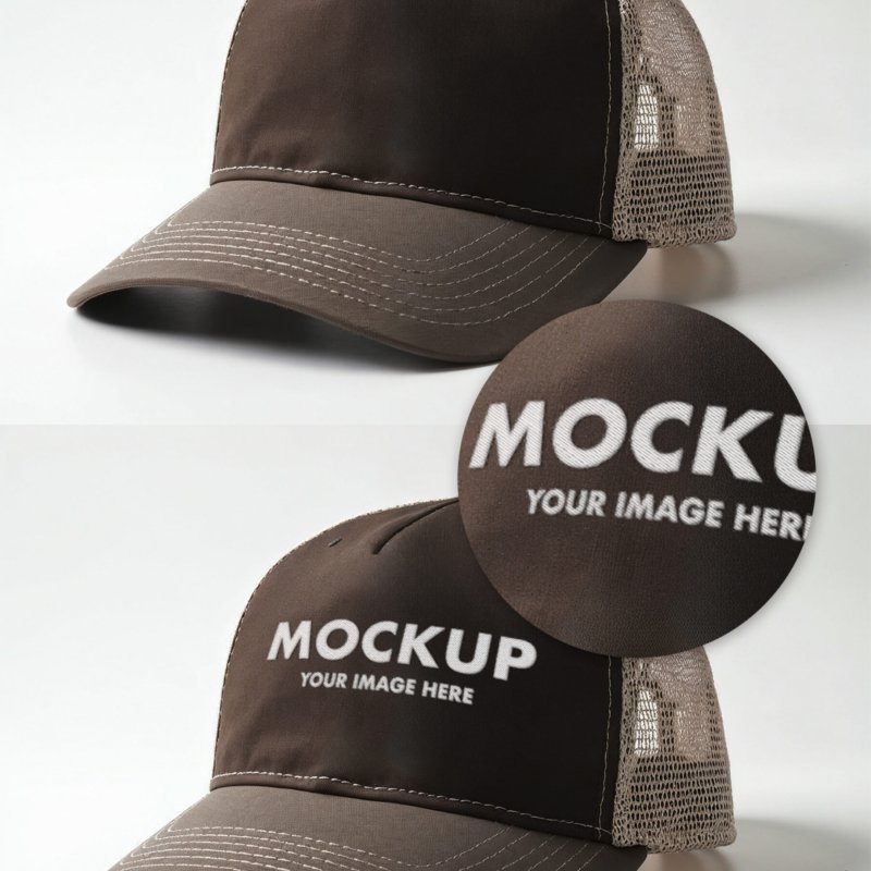 Dark Brown Trucker Cap Mockup With Mesh on a White Background