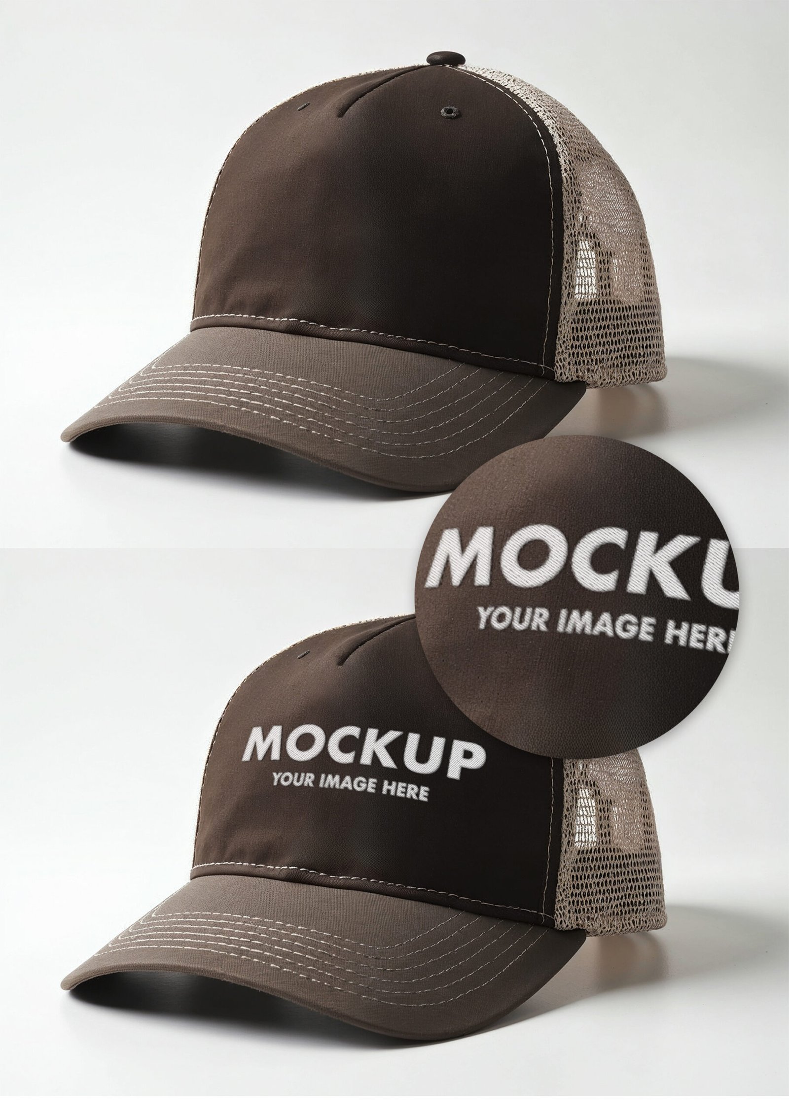 Dark Brown Trucker Cap Mockup With Mesh on a White Background