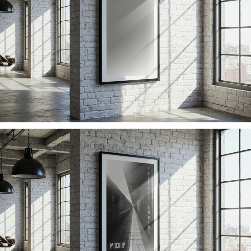 Vertical Poster Frame Mockup In Industrial Loft and White Brick Wall