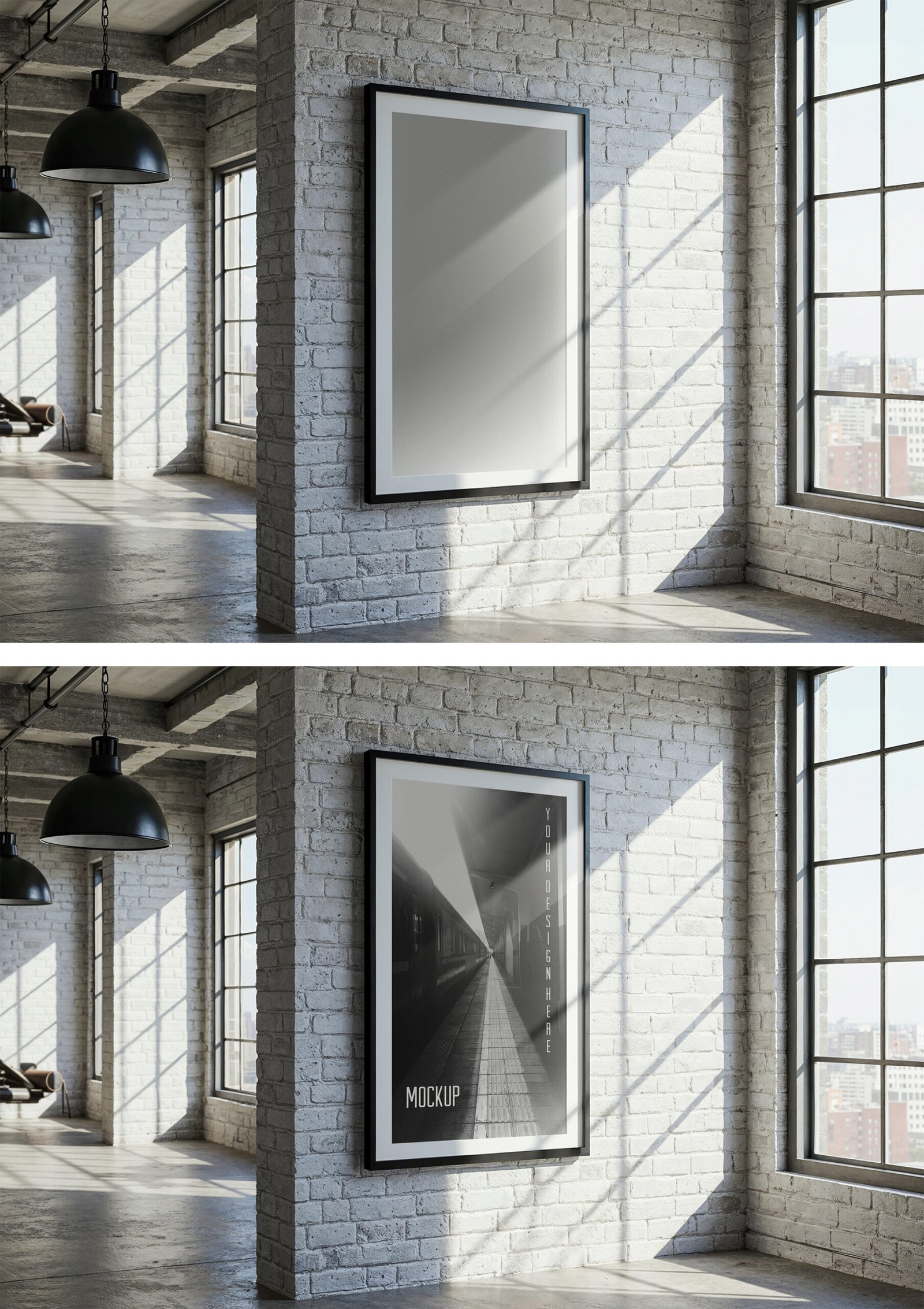 Vertical Poster Frame Mockup In Industrial Loft and White Brick Wall