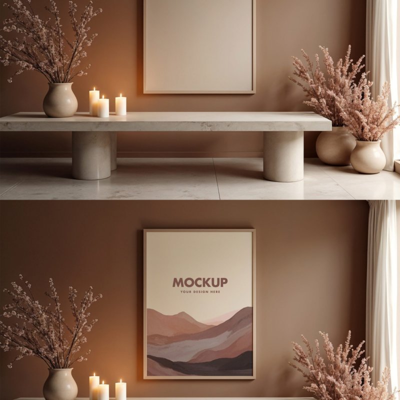 Poster Mockup With Ceramic Vases And Candles On A Minimalistic Sepia Wall