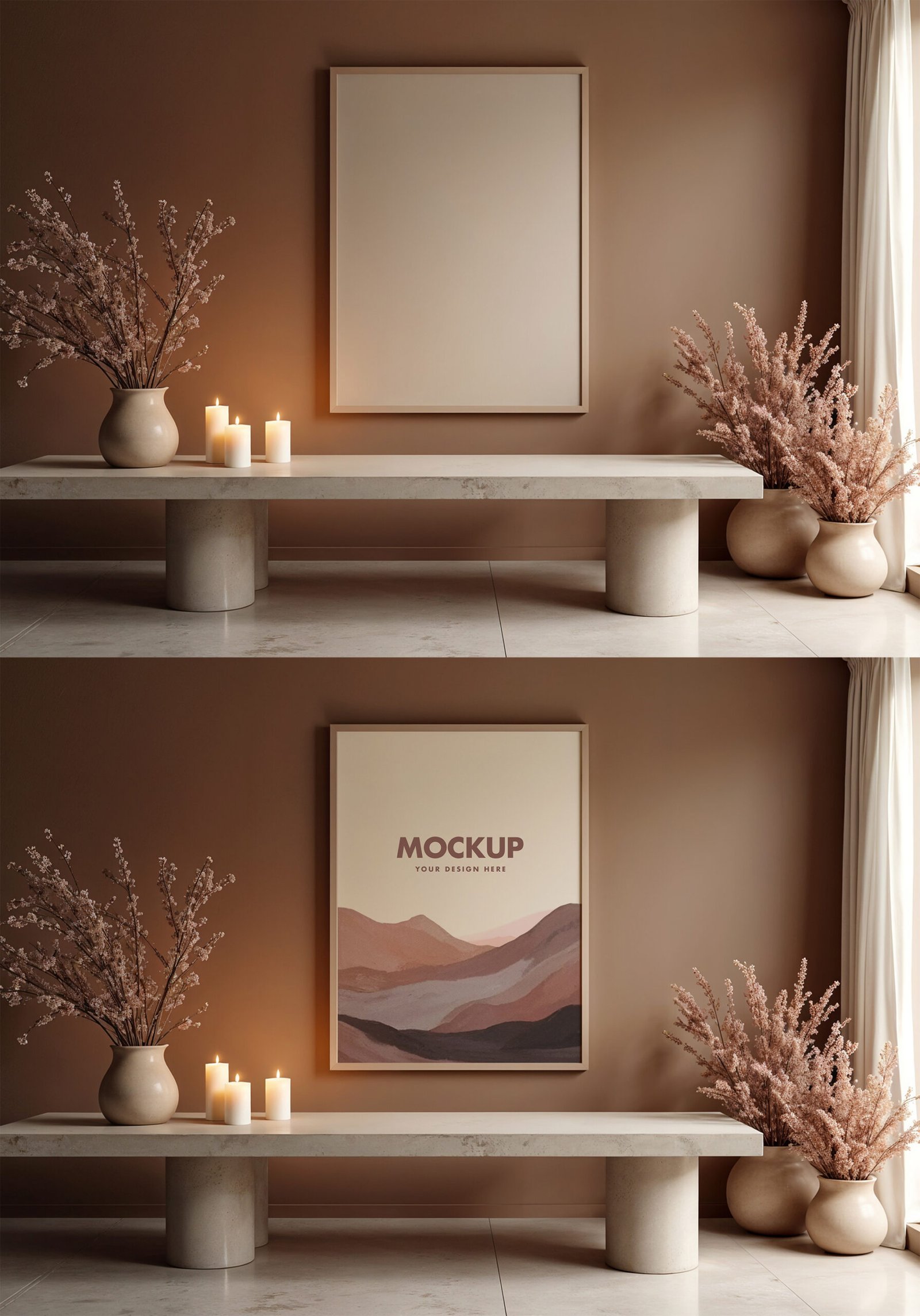 Poster Mockup With Ceramic Vases And Candles On A Minimalistic Sepia Wall