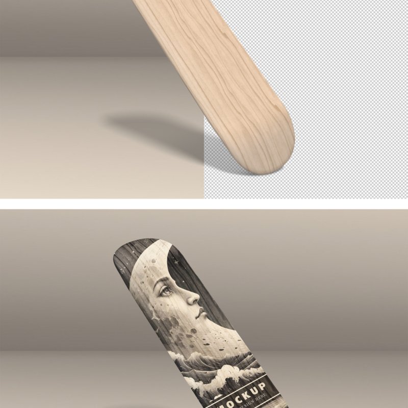 Minimalist Wooden Skateboard Deck Mockup With Customizable Background
