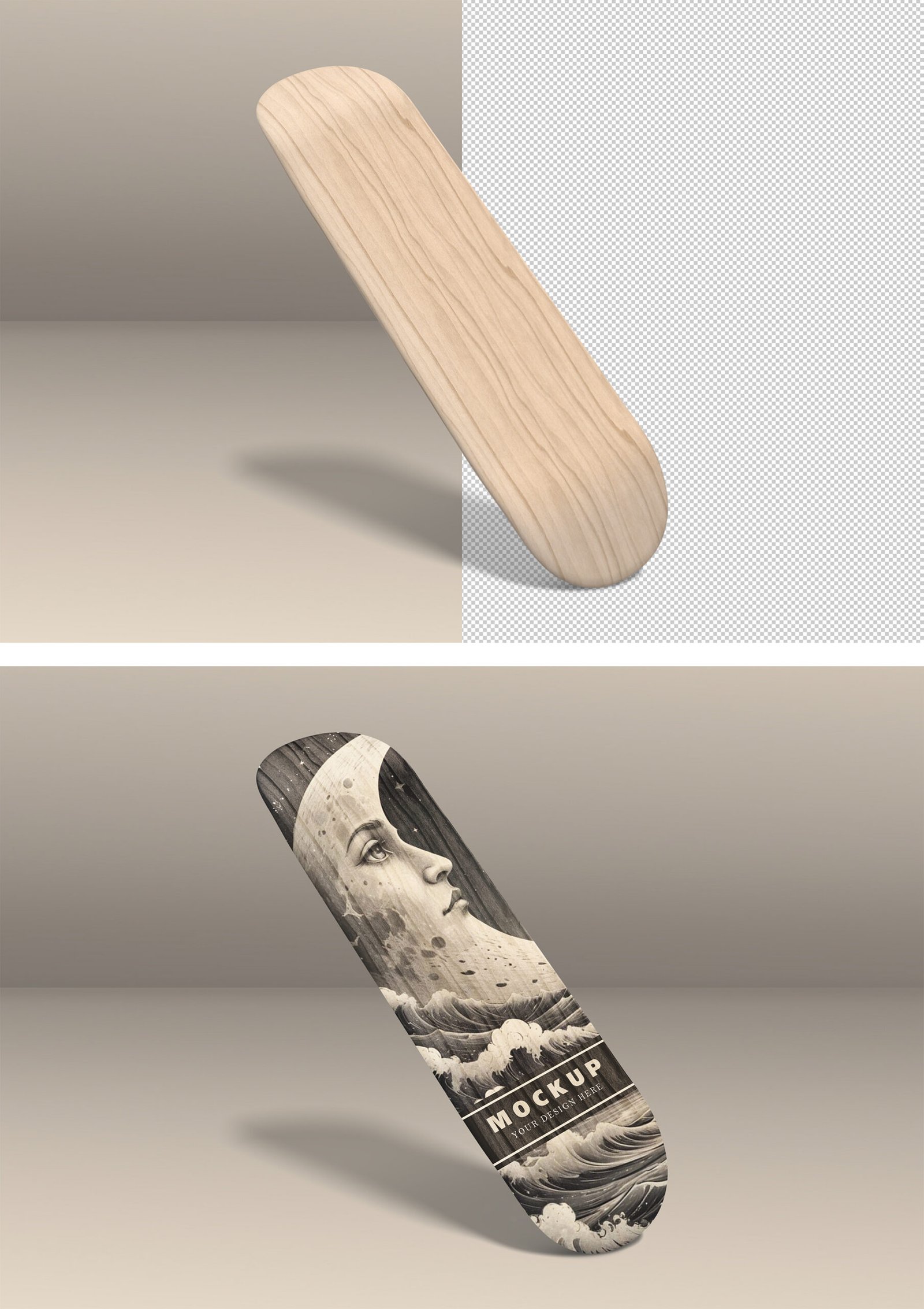 Minimalist Wooden Skateboard Deck Mockup With Customizable Background