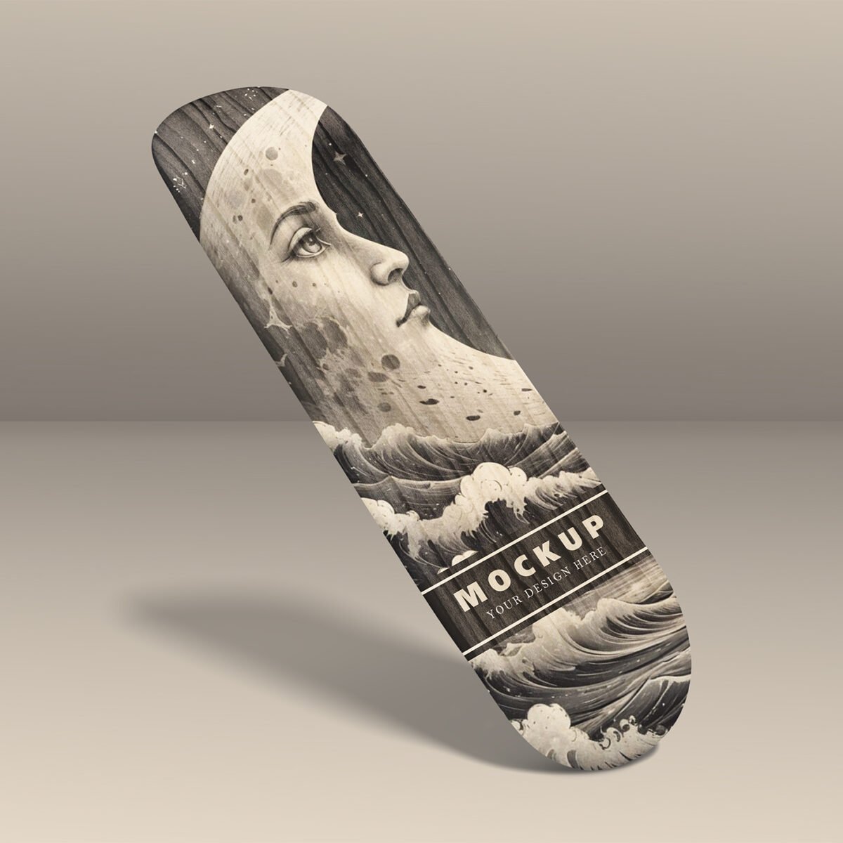 Minimalist Wooden Skateboard Deck Mockup With Customizable Background