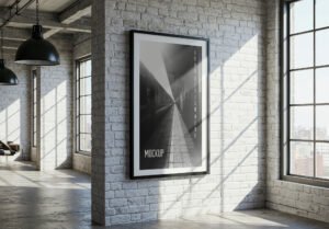 Vertical Poster Frame Mockup In Industrial Loft and White Brick Wall