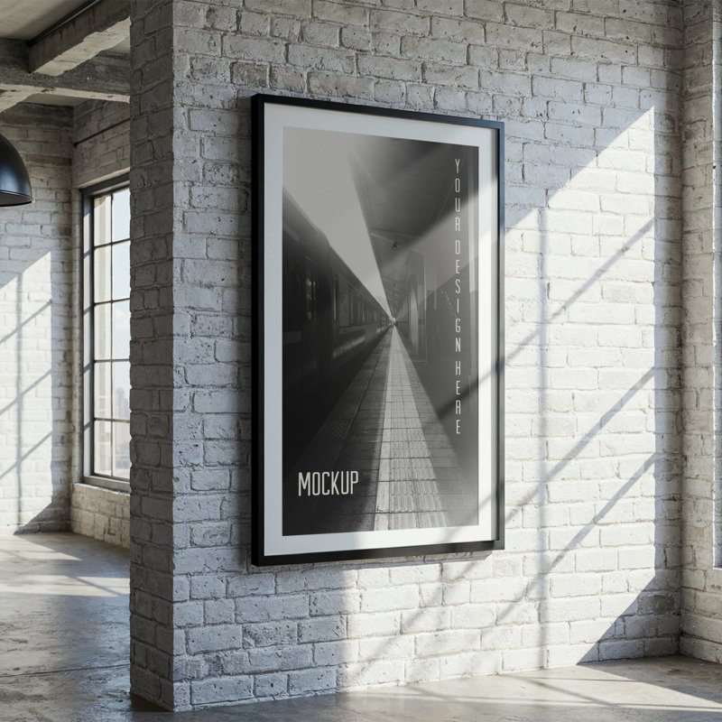 Vertical Poster Frame Mockup In Industrial Loft and White Brick Wall