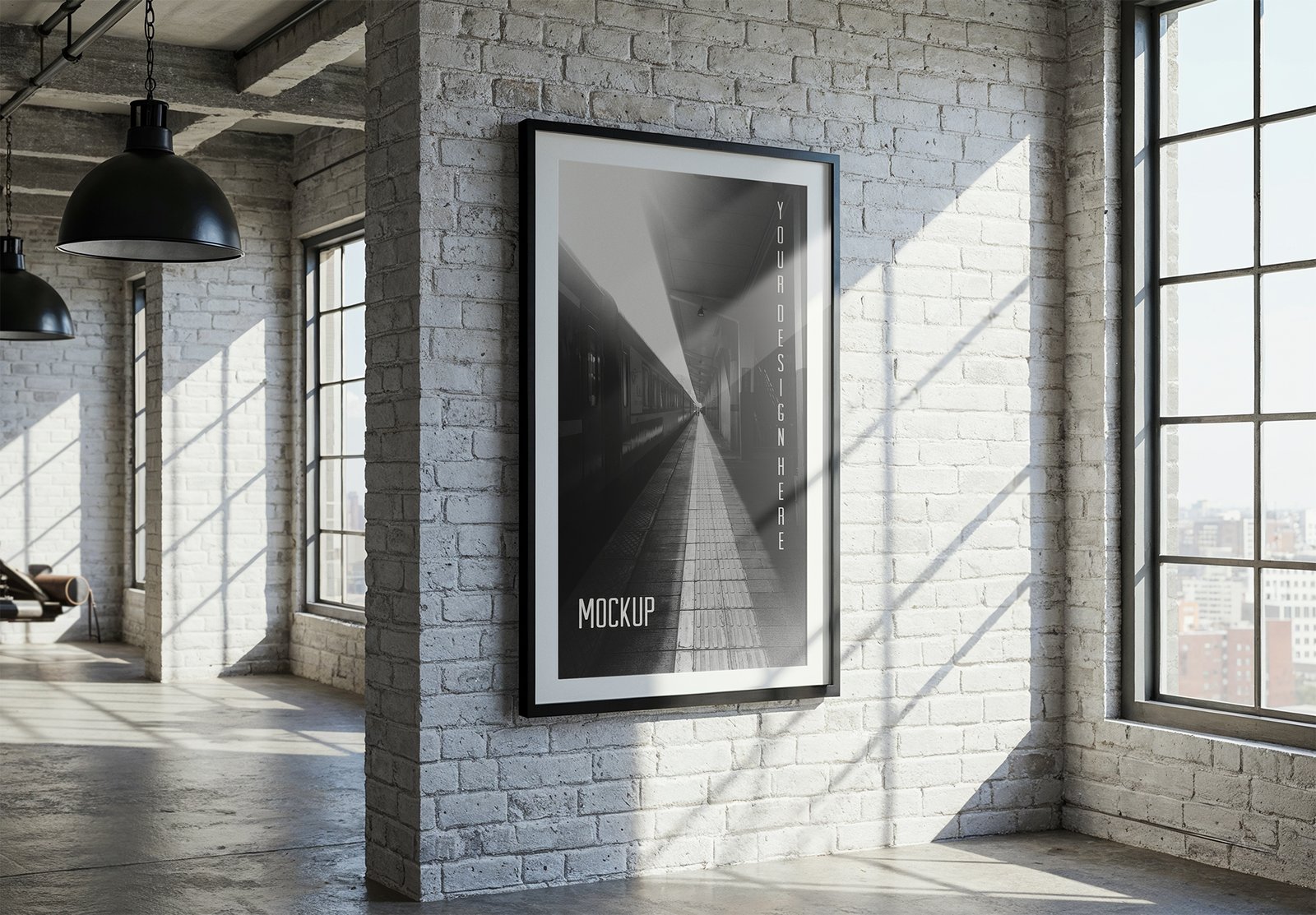 Vertical Poster Frame Mockup In Industrial Loft and White Brick Wall