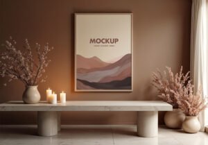 Poster Mockup With Ceramic Vases And Candles On A Minimalistic Sepia Wall