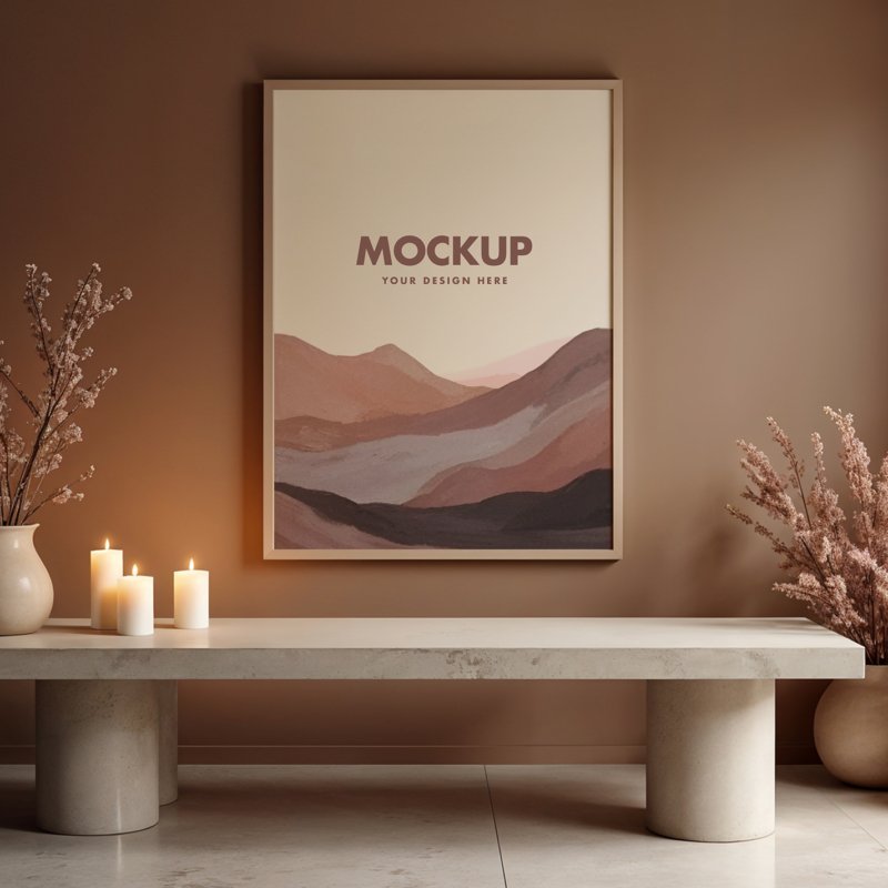 Poster Mockup With Ceramic Vases And Candles On A Minimalistic Sepia Wall