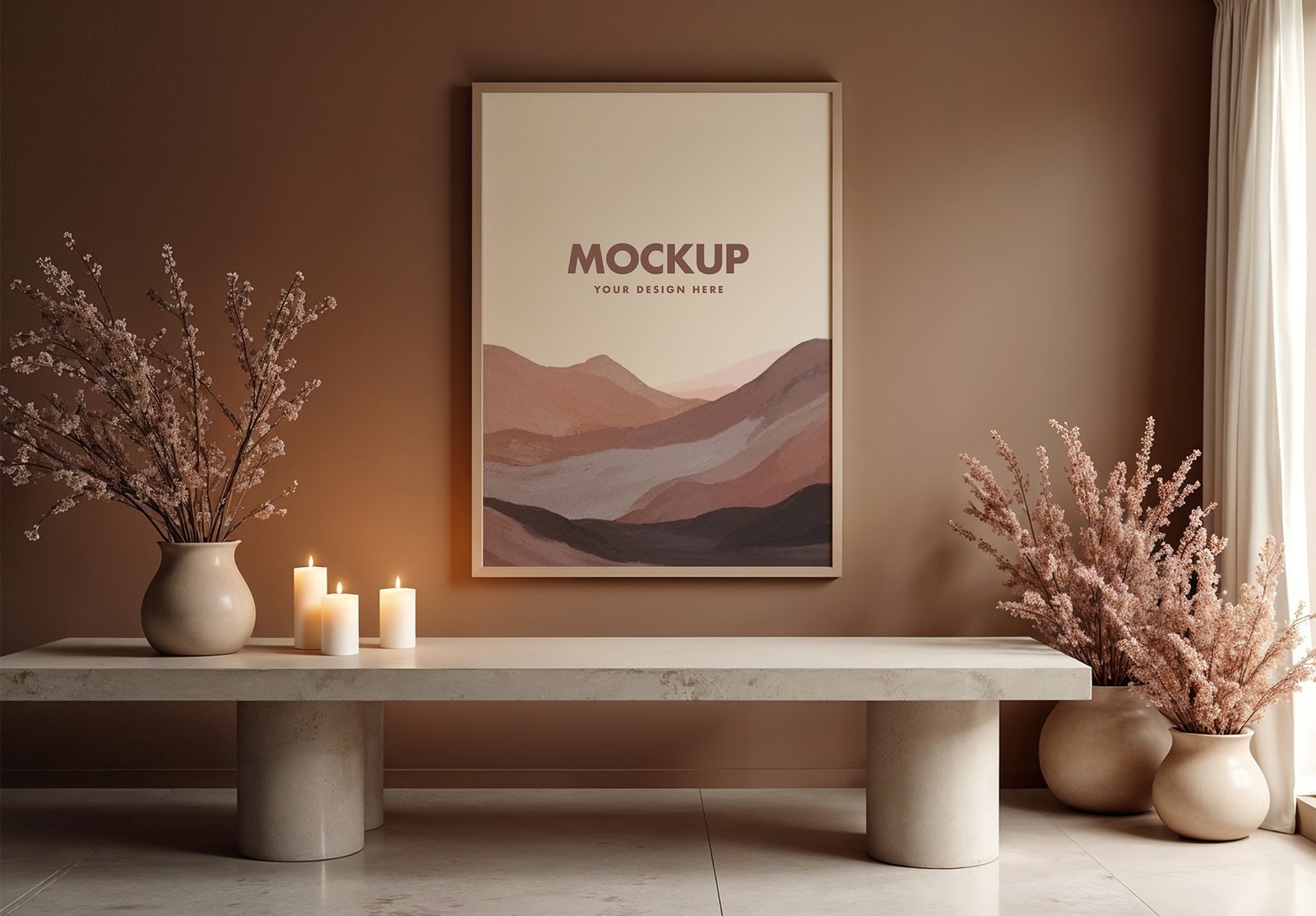 Poster Mockup With Ceramic Vases And Candles On A Minimalistic Sepia Wall