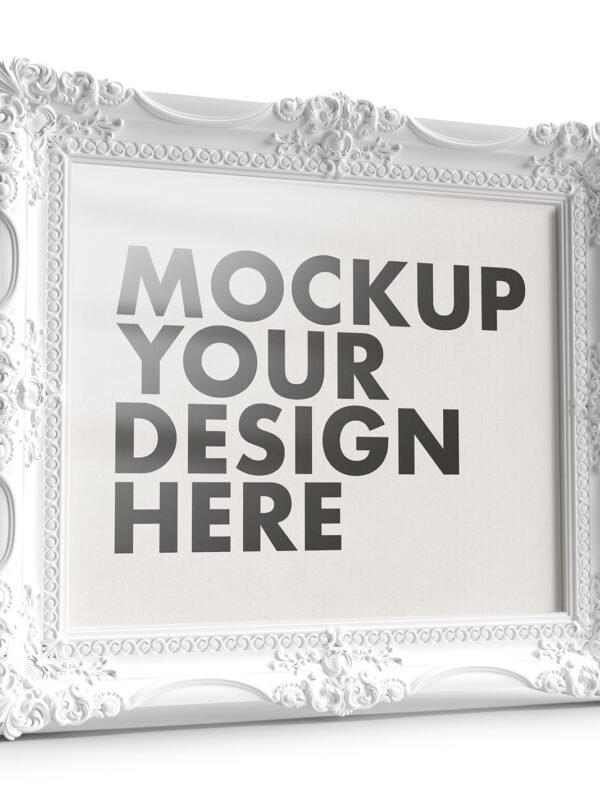 Simply Beautiful And Ornamented White Frame Mockup On A White Background - Thumbnail
