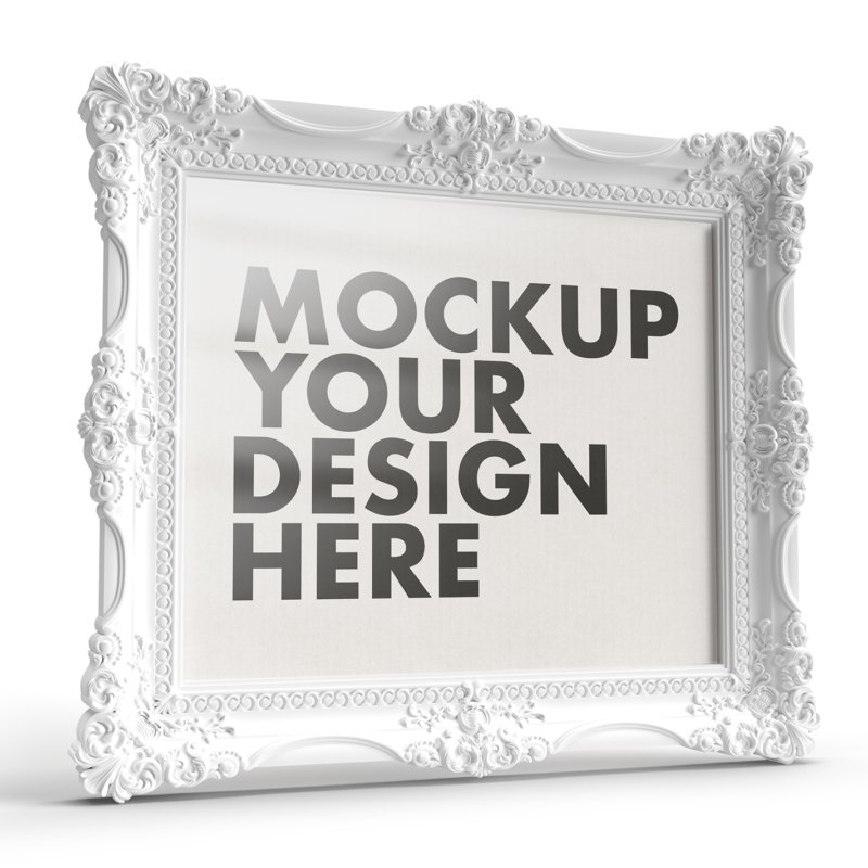 Simply Beautiful And Ornamented White Frame Mockup On A White Background - Thumbnail