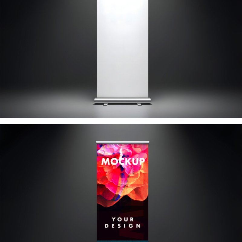 Roll Up Banner Mockup On Dark Background With Soft Studio Lighting Branding Ready