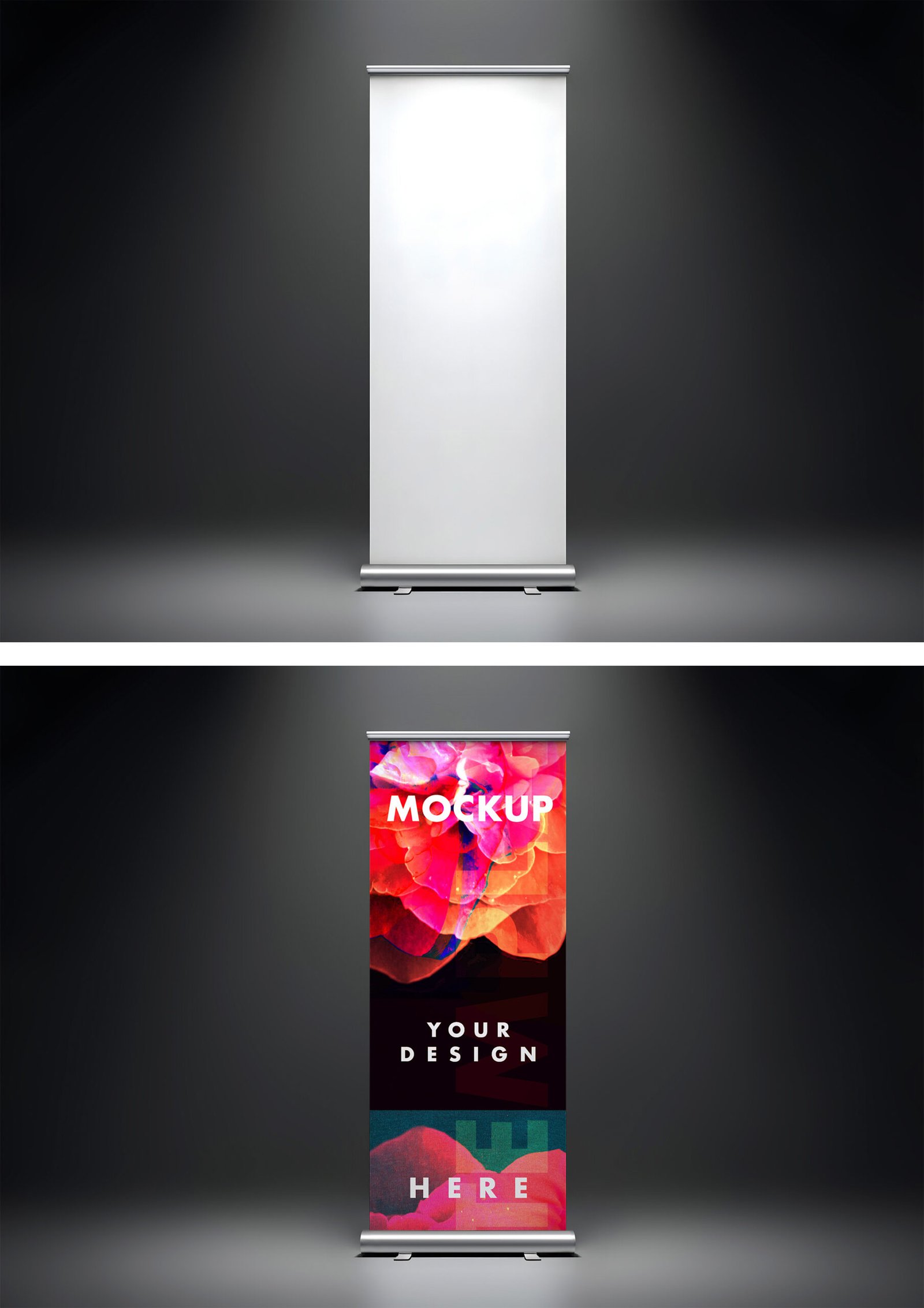 Roll Up Banner Mockup On Dark Background With Soft Studio Lighting Branding Ready