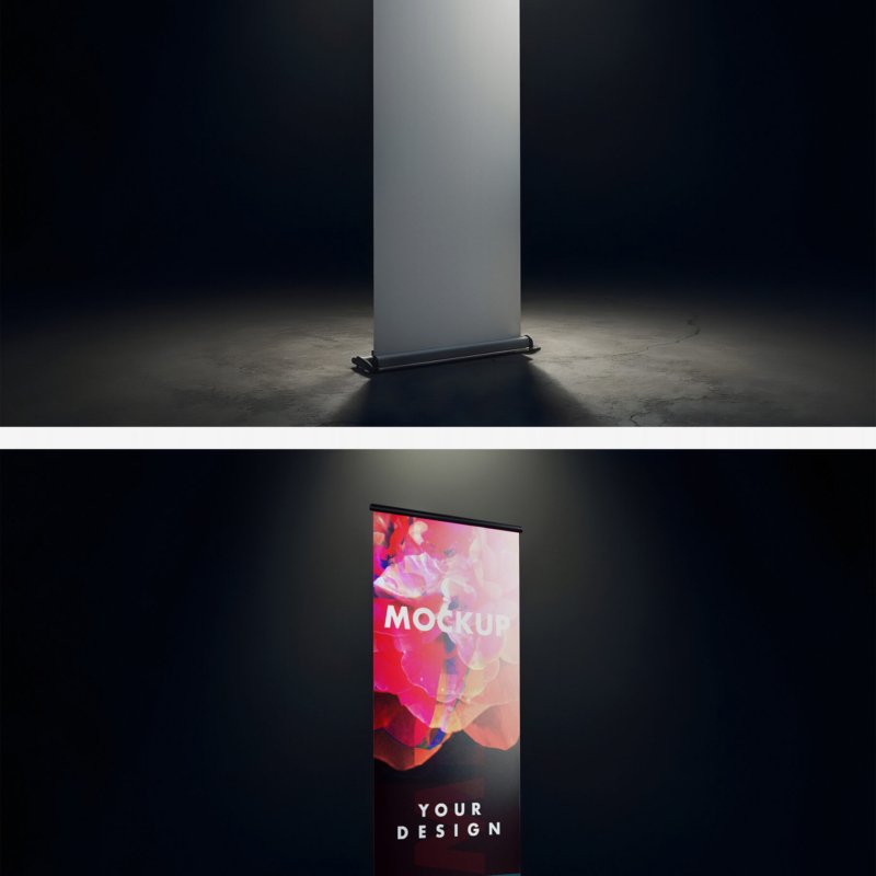 Roll Up Banner Mockup On Side View With Soft Professional Studio Lighting