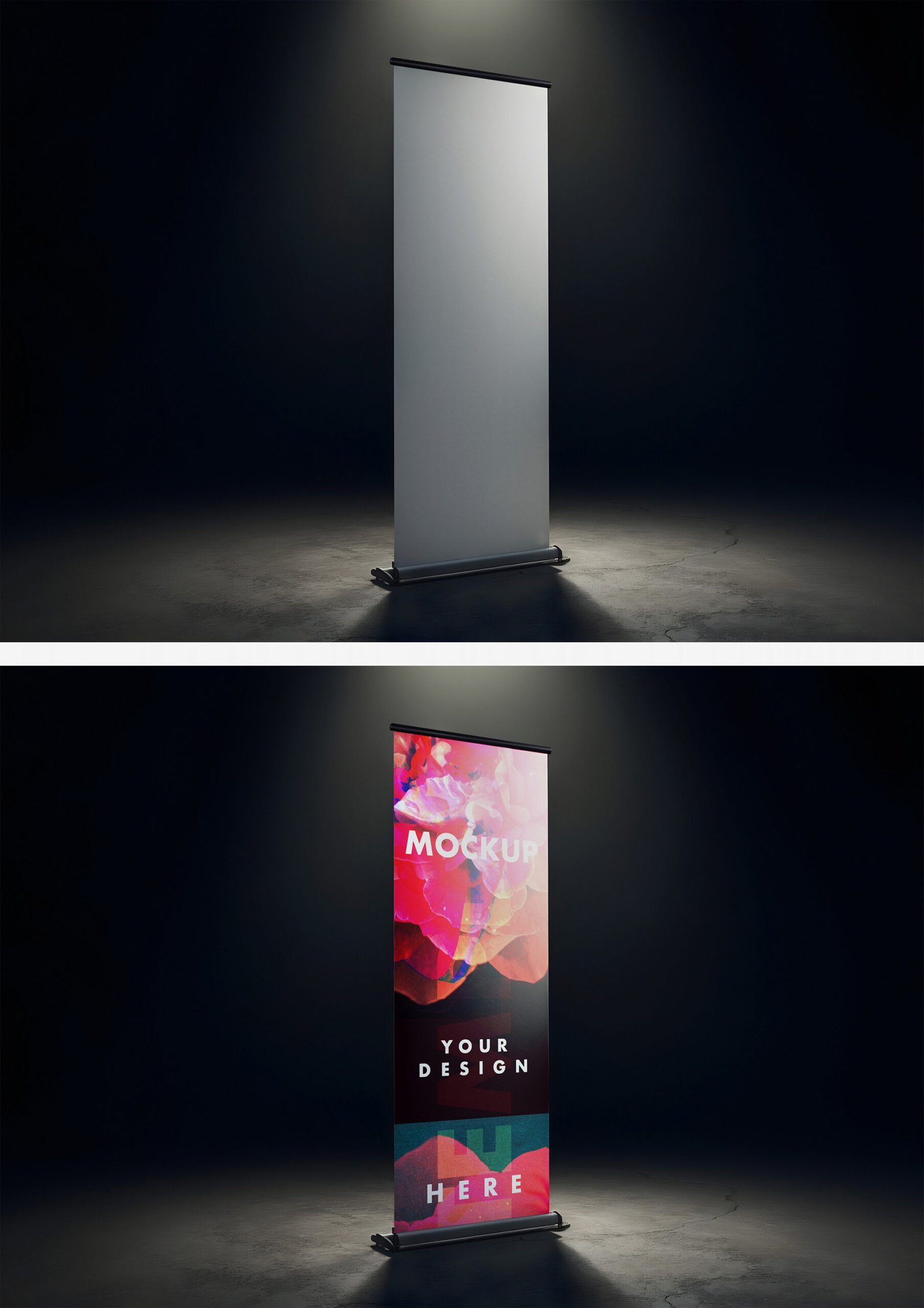 Roll Up Banner Mockup On Side View With Soft Professional Studio Lighting