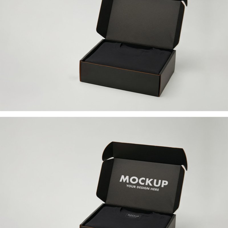 Preview of a Single Folded T-Shirt Packaging Mockup in a Black Cardboard Box