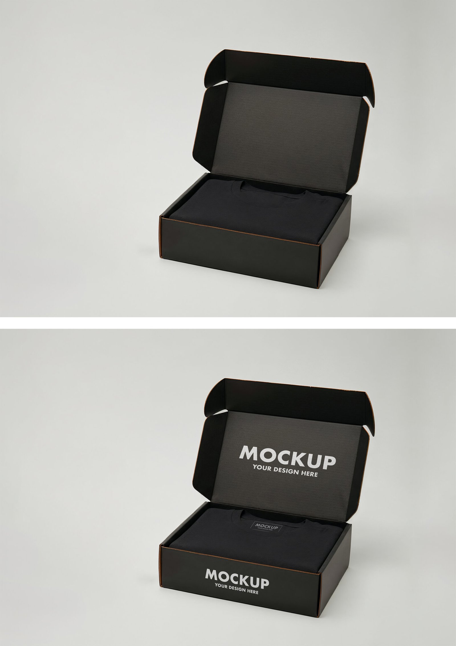 Preview of a Single Folded T-Shirt Packaging Mockup in a Black Cardboard Box