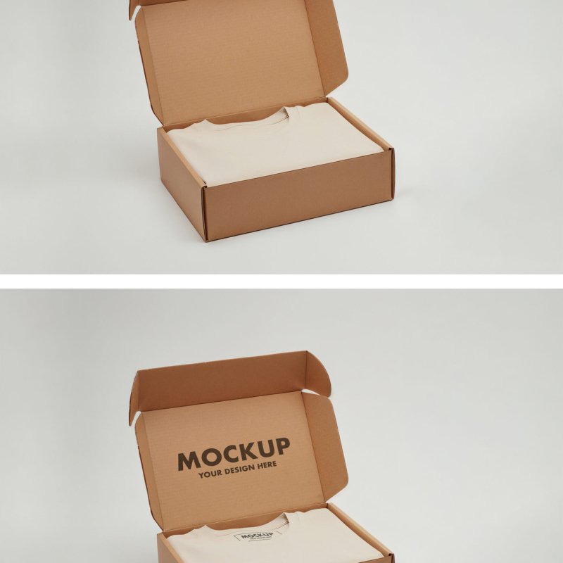 Preview of a Single Folded T-Shirt Packaging Mockup in a Kraft Cardboard Box