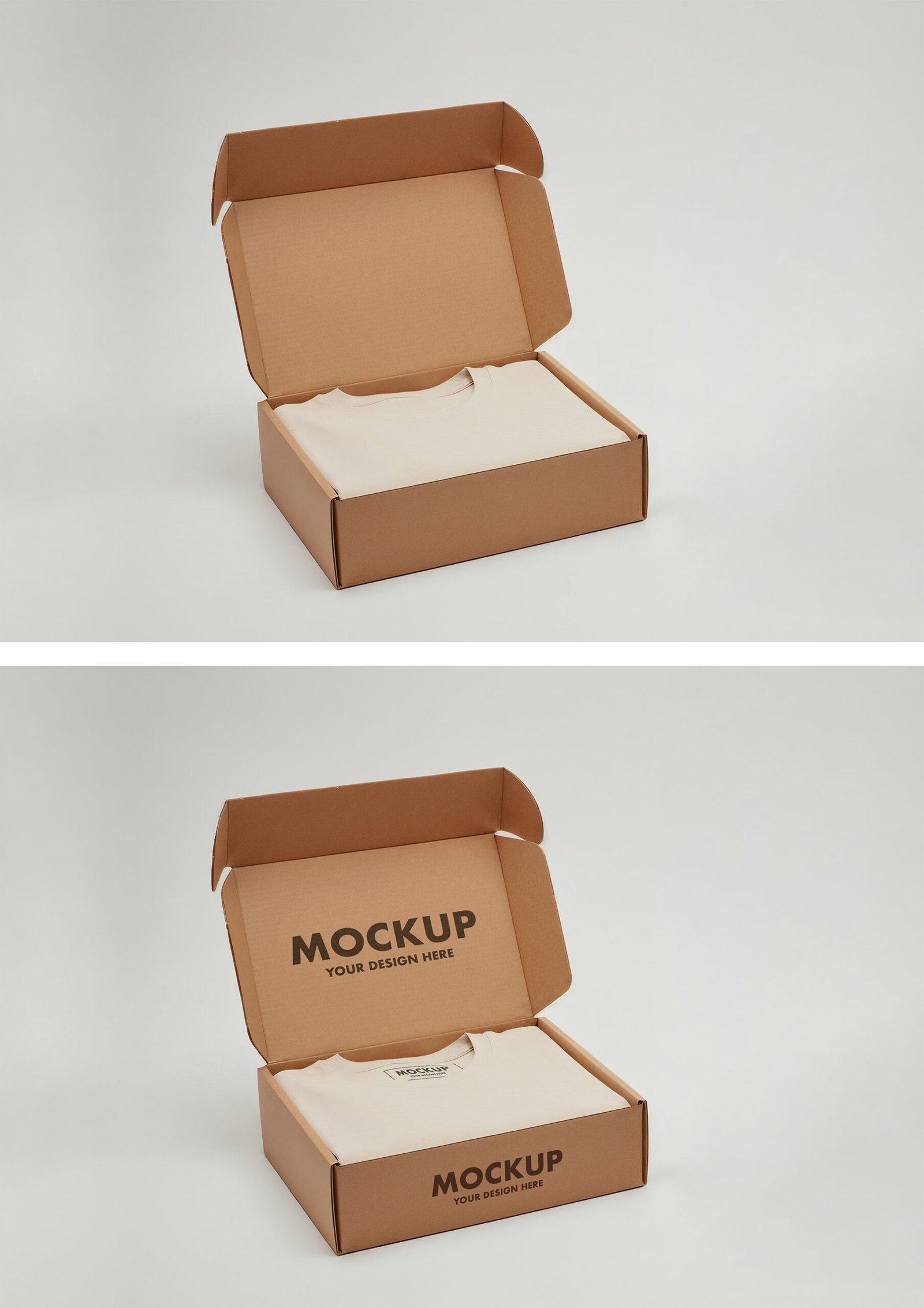 Preview of a Single Folded T-Shirt Packaging Mockup in a Kraft Cardboard Box