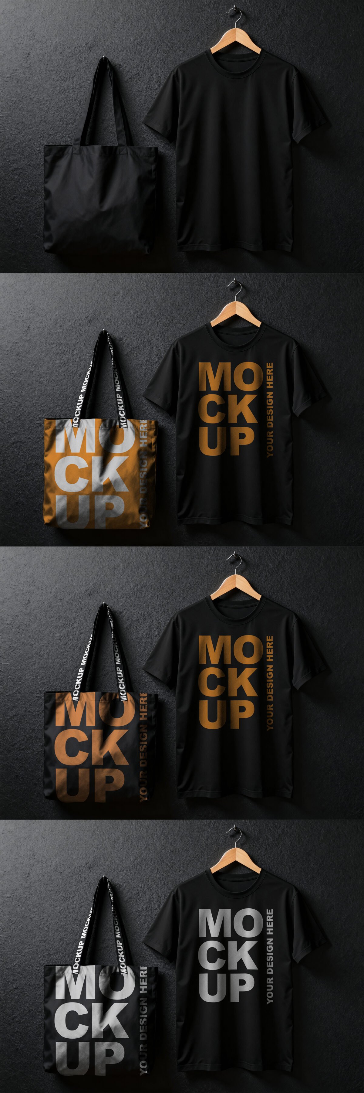 Preview of a Professional Black T-Shirt and Tote Bag Mockup Hanging from a Wooden Hanger Against a Black Wall