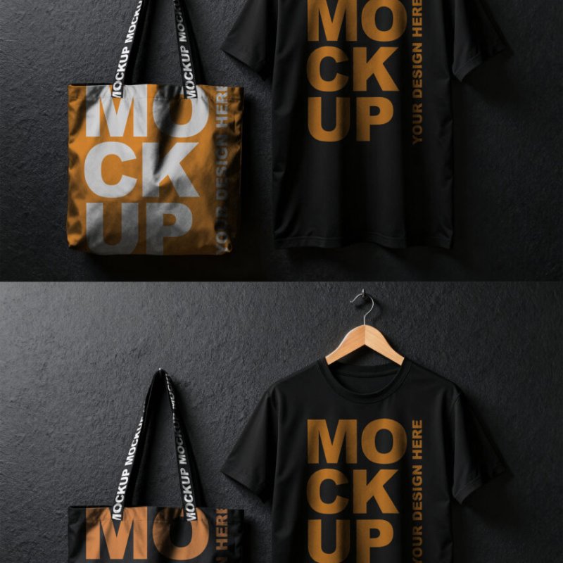 Preview of a Professional Black T-Shirt and Tote Bag Mockup Hanging from a Wooden Hanger Against a Black Wall