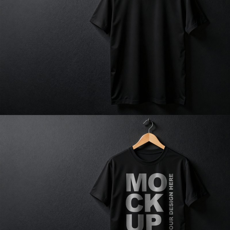 Preview of a Professional Black T-Shirt Mockup Hanging from a Wooden Hanger Against a Black Textured Wall