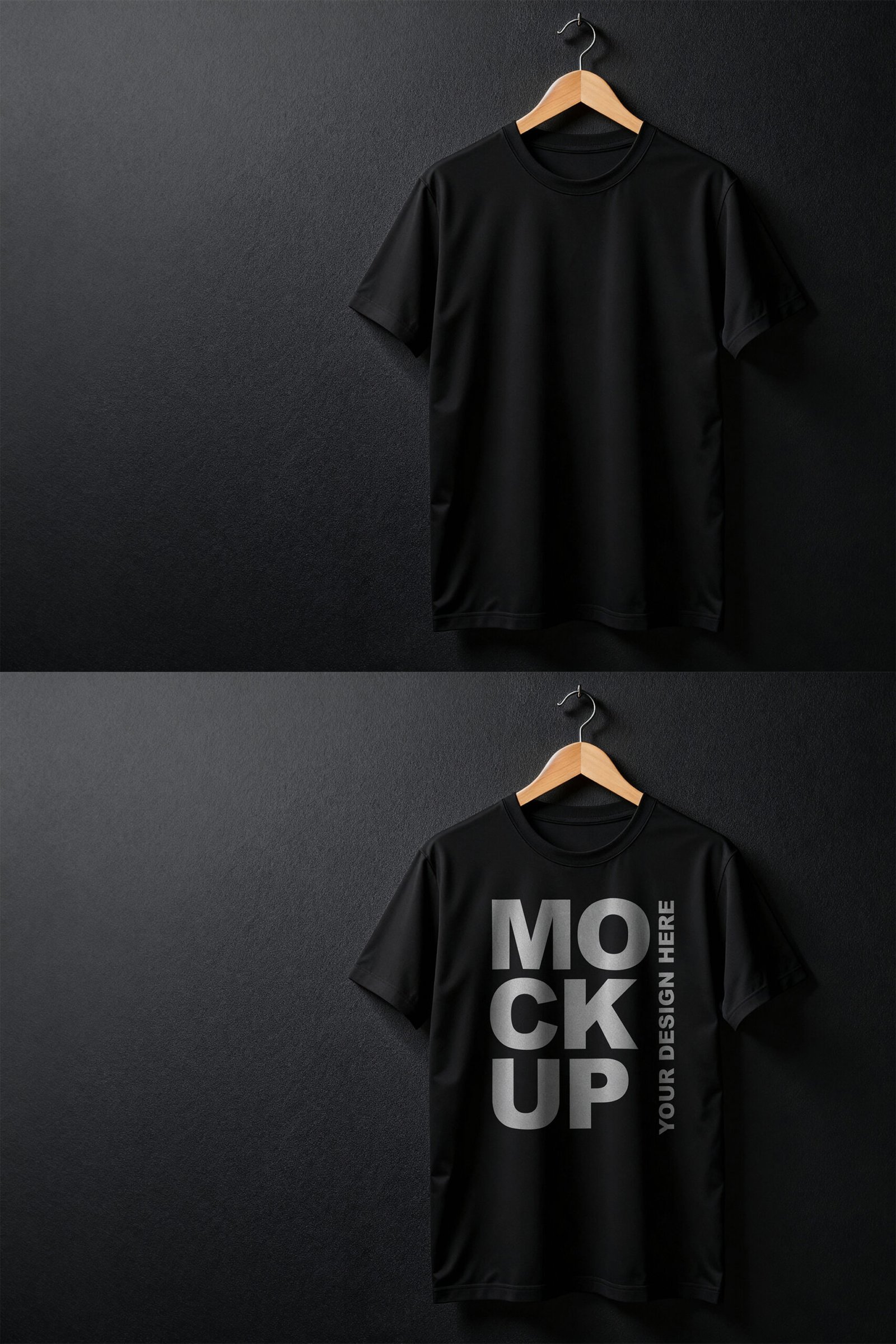 Preview of a Professional Black T-Shirt Mockup Hanging from a Wooden Hanger Against a Black Textured Wall