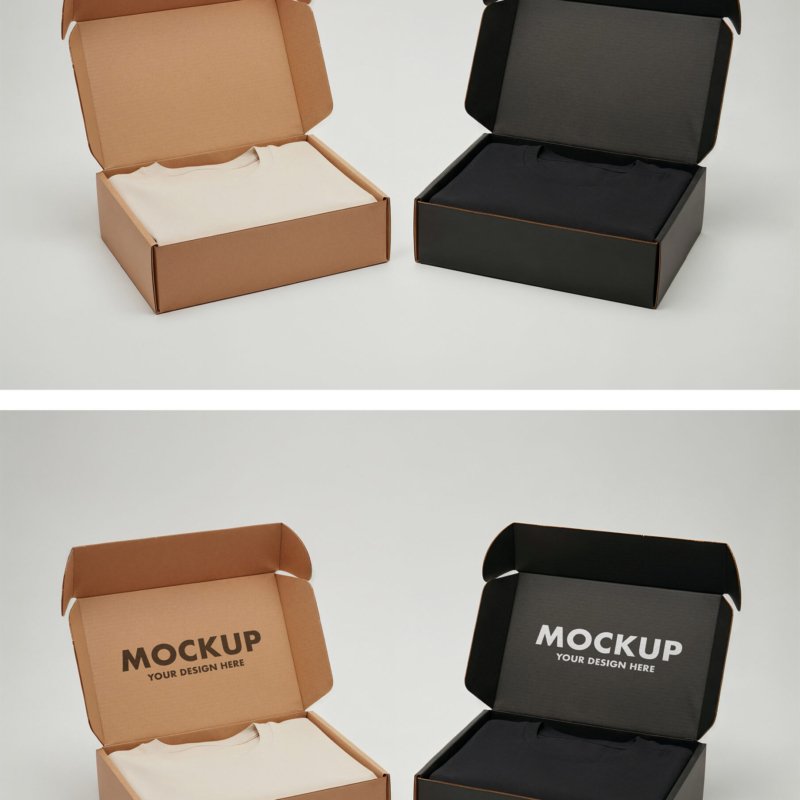 Preview of a Double Folded T-shirt Packaging Mockups In Kraft & Black Cardboard Boxes