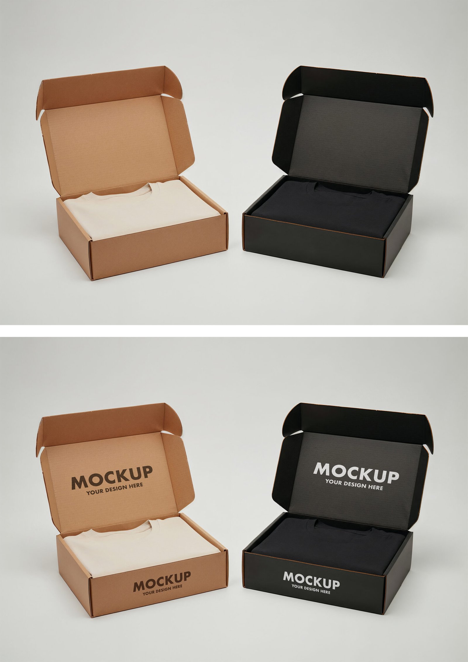 Preview of a Double Folded T-shirt Packaging Mockups In Kraft & Black Cardboard Boxes