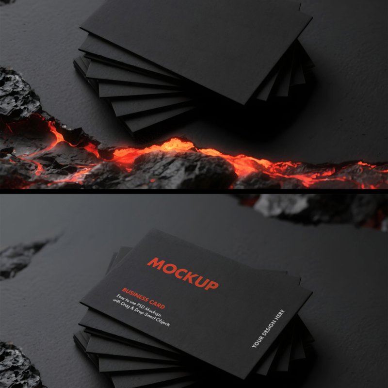 Preview of a Dramatic Fanned Business Card Mockup In Lava Crevice