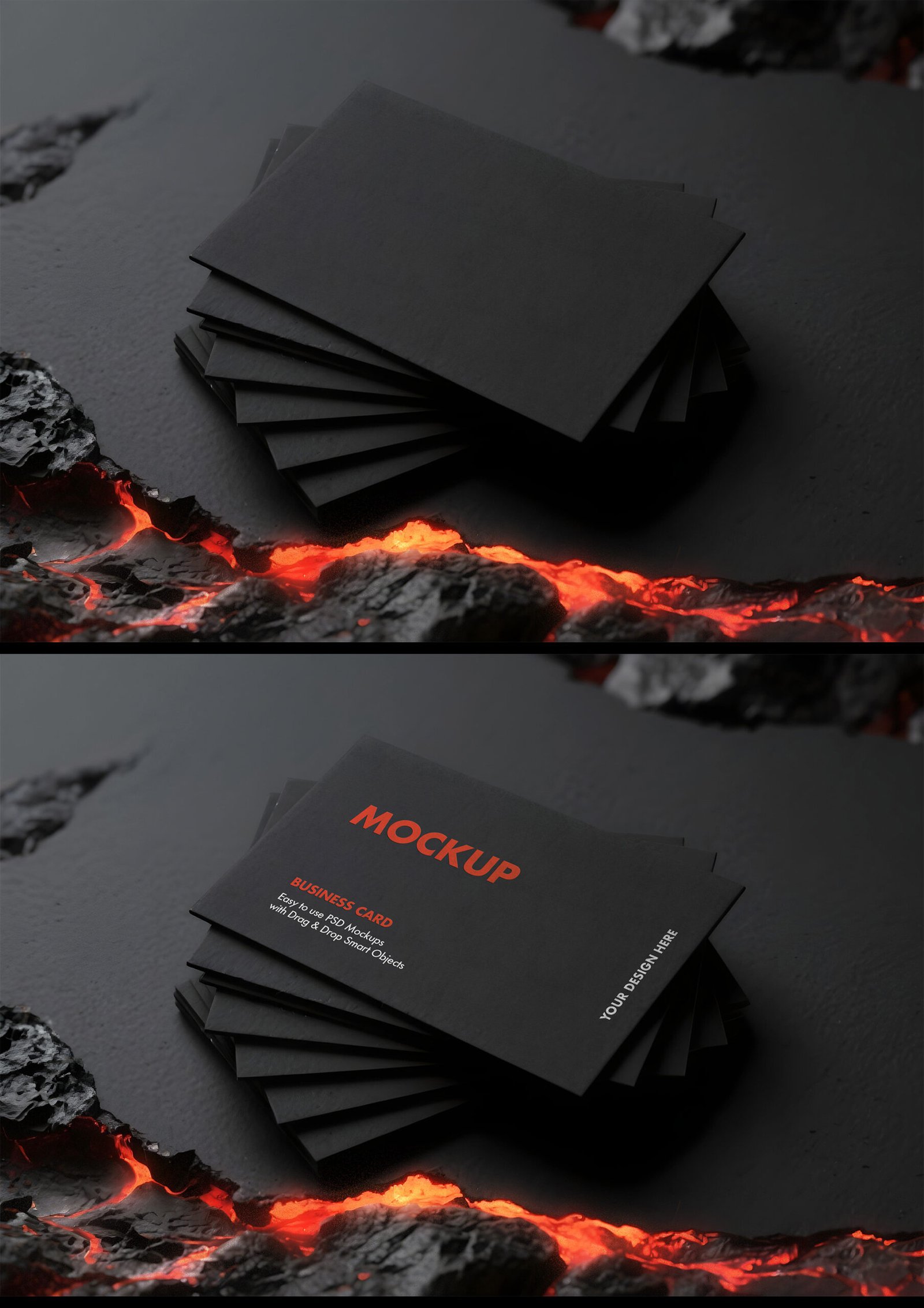 Preview of a Dramatic Fanned Business Card Mockup In Lava Crevice