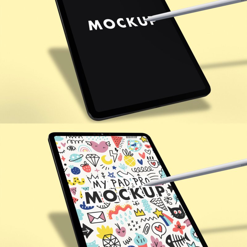 iPad Pro Mockup with Pencil and Yellow Background showing Doodles