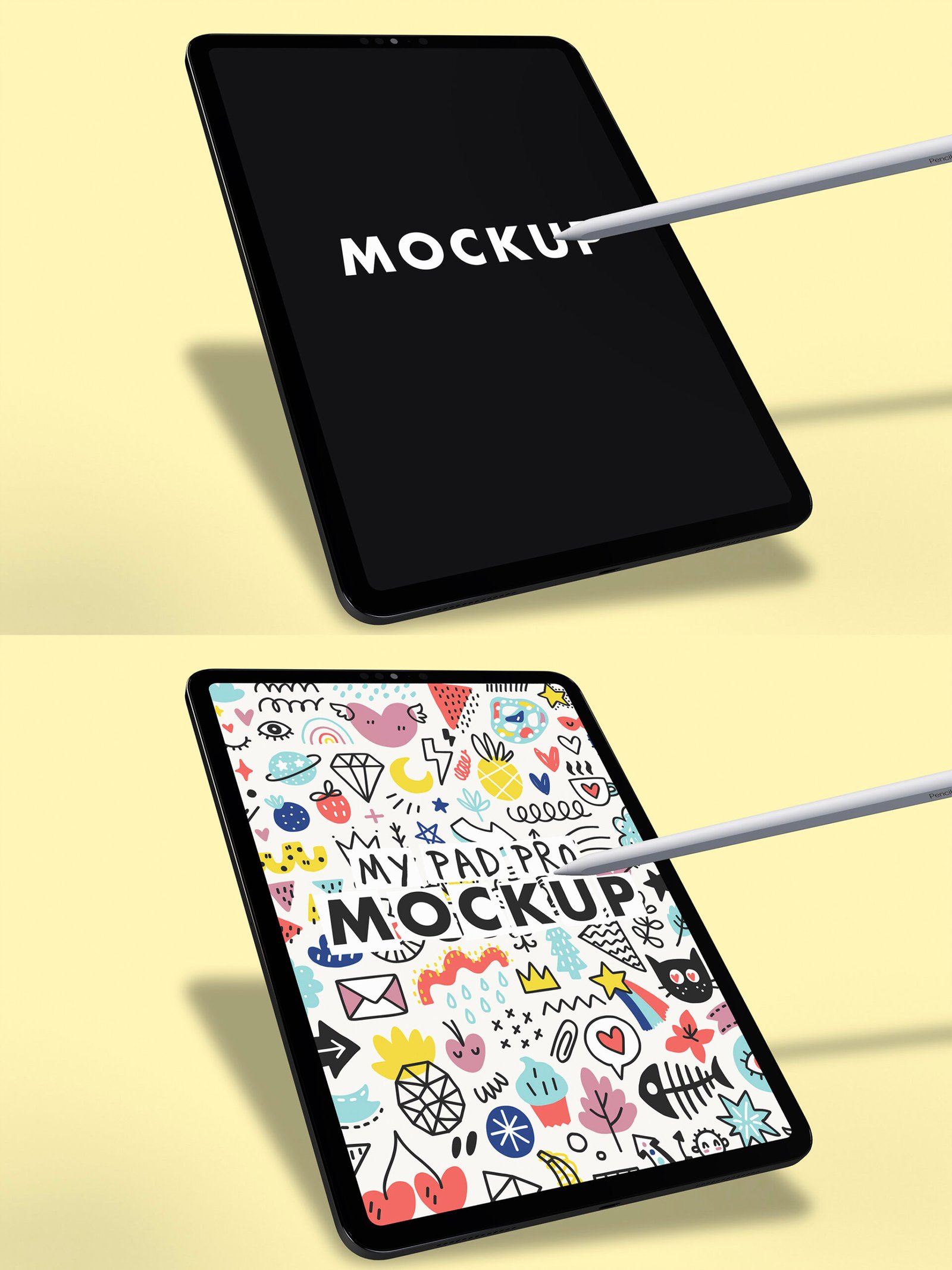iPad Pro Mockup with Pencil and Yellow Background showing Doodles