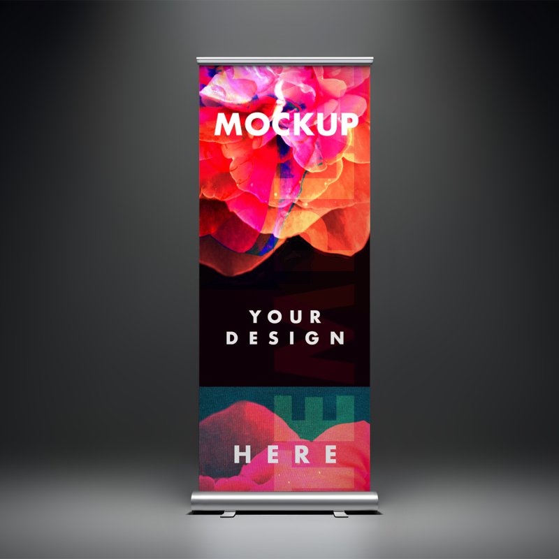 Roll Up Banner Mockup On Dark Background With Soft Studio Lighting with Key Light
