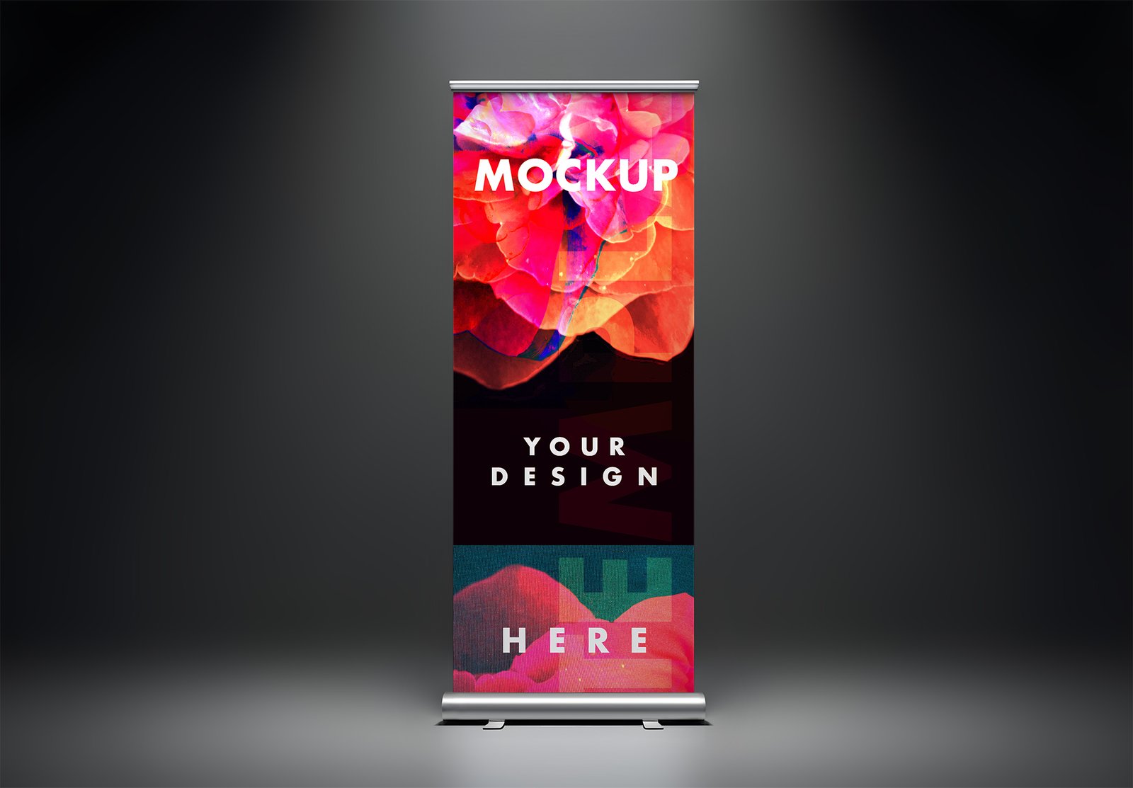 Roll Up Banner Mockup On Dark Background With Soft Studio Lighting with Key Light