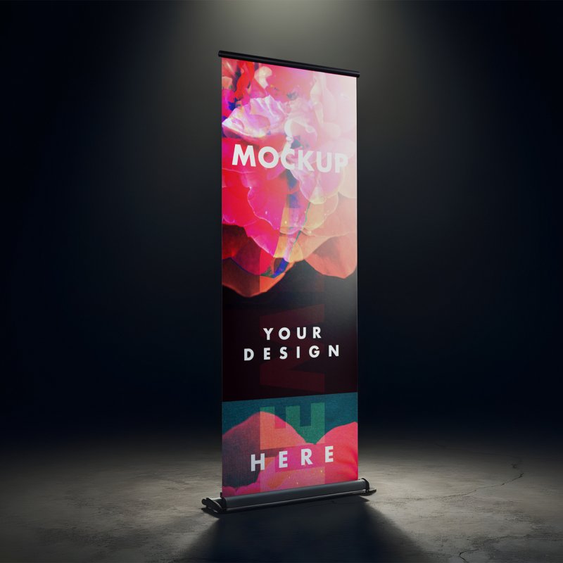 Roll Up Banner Mockup On Side View With Soft Studio Lighting Feature Ready