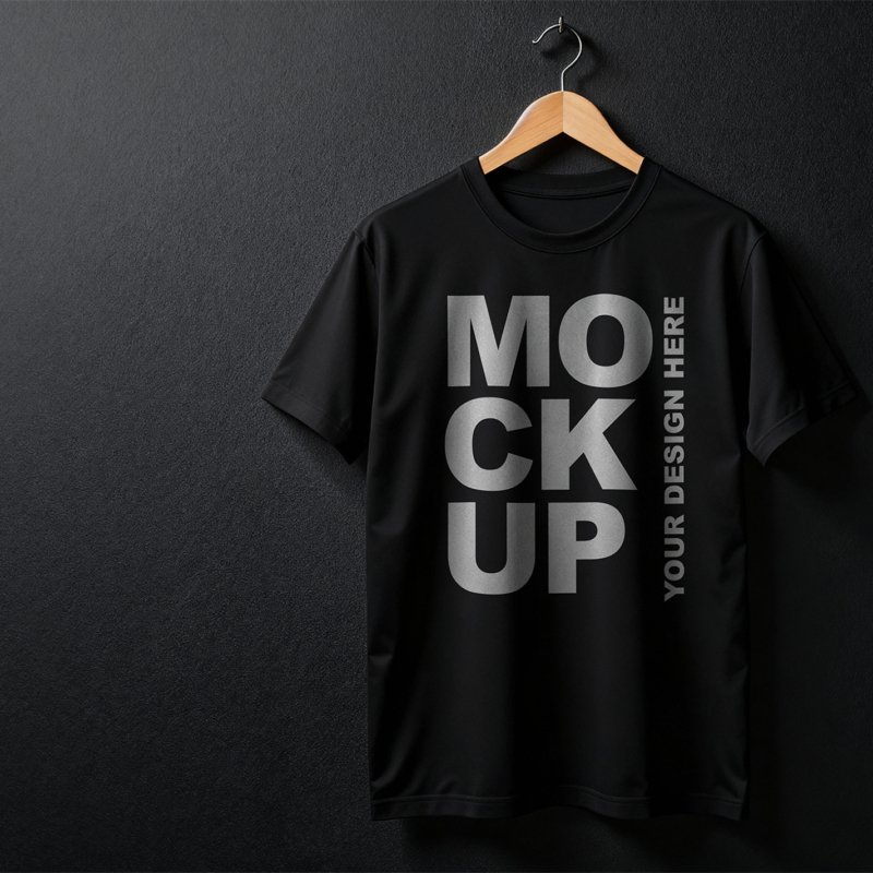Thumbnail of a Professional Black T-Shirt Mockup Hanging from a Wooden Hanger Against a Black Textured Wall