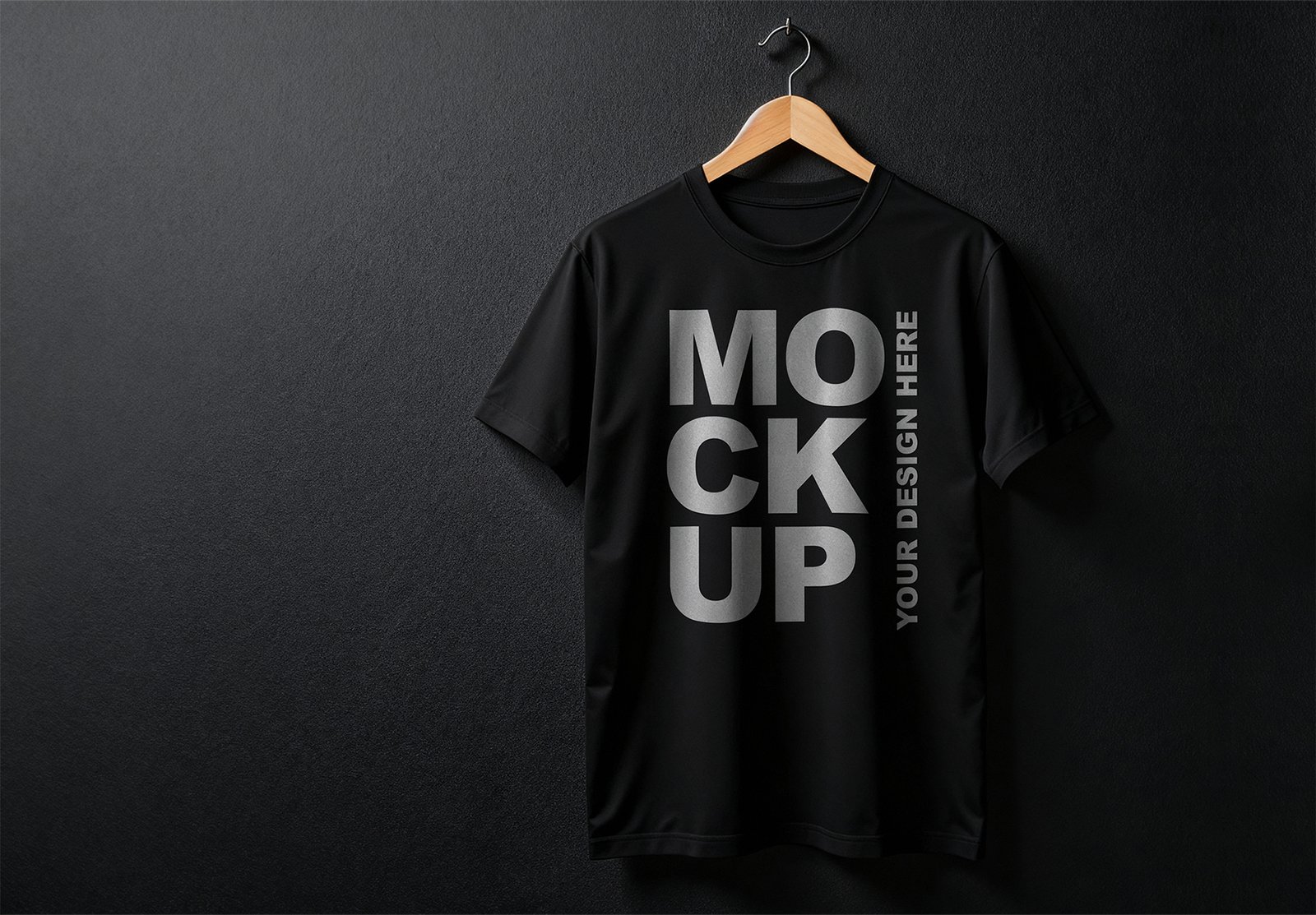 Thumbnail of a Professional Black T-Shirt Mockup Hanging from a Wooden Hanger Against a Black Textured Wall