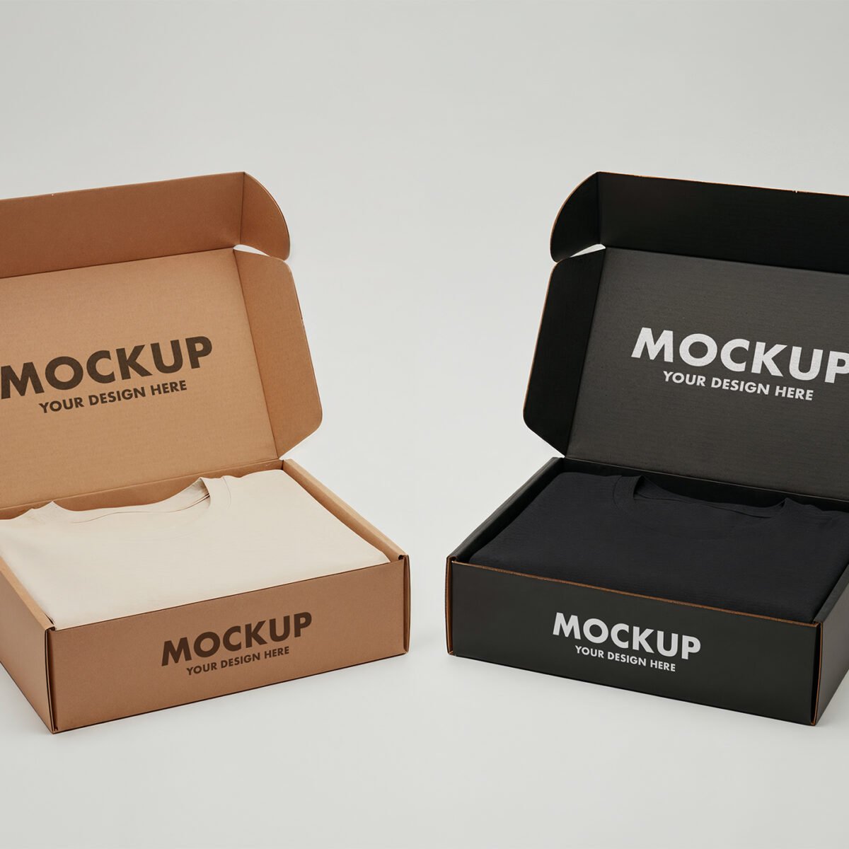 Thumbnail of a Double Folded T-shirt Packaging Mockups In Kraft & Black Cardboard Boxes
