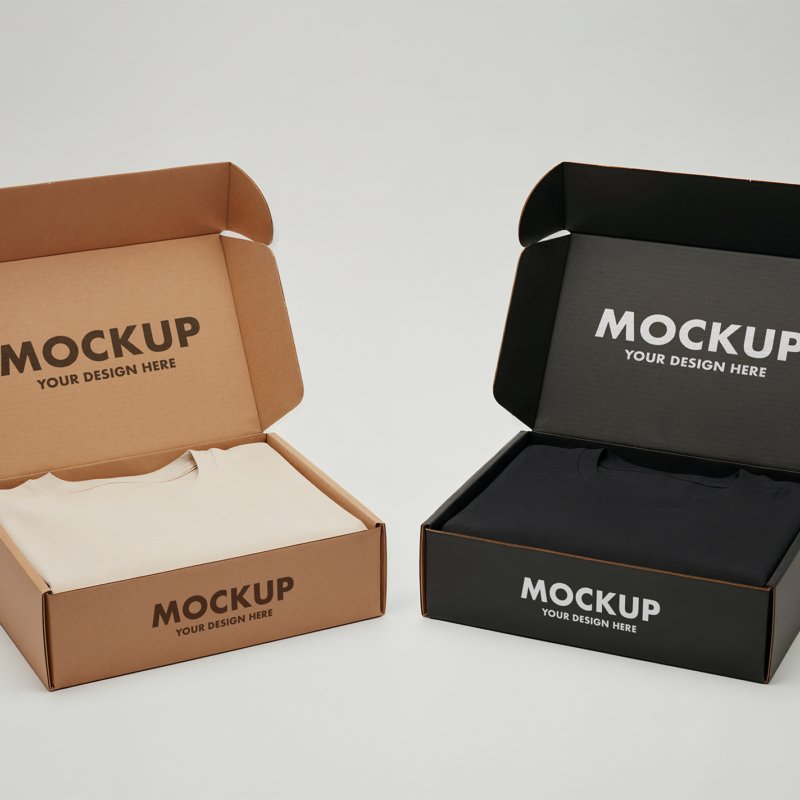 Thumbnail of a Double Folded T-shirt Packaging Mockups In Kraft & Black Cardboard Boxes