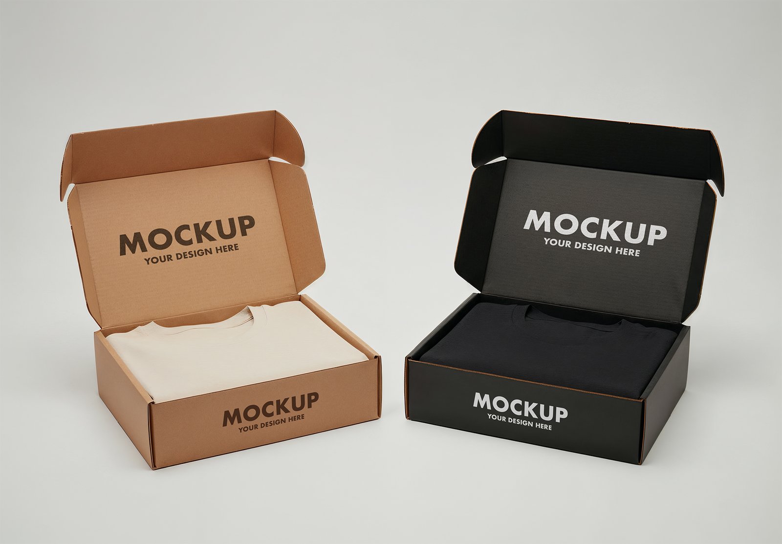 Thumbnail of a Double Folded T-shirt Packaging Mockups In Kraft & Black Cardboard Boxes