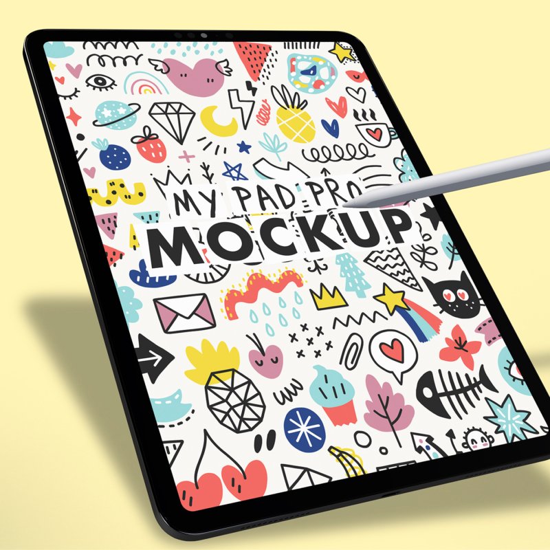 iPad Pro Mockup with Pencil and Yellow Background Doodle Ready
