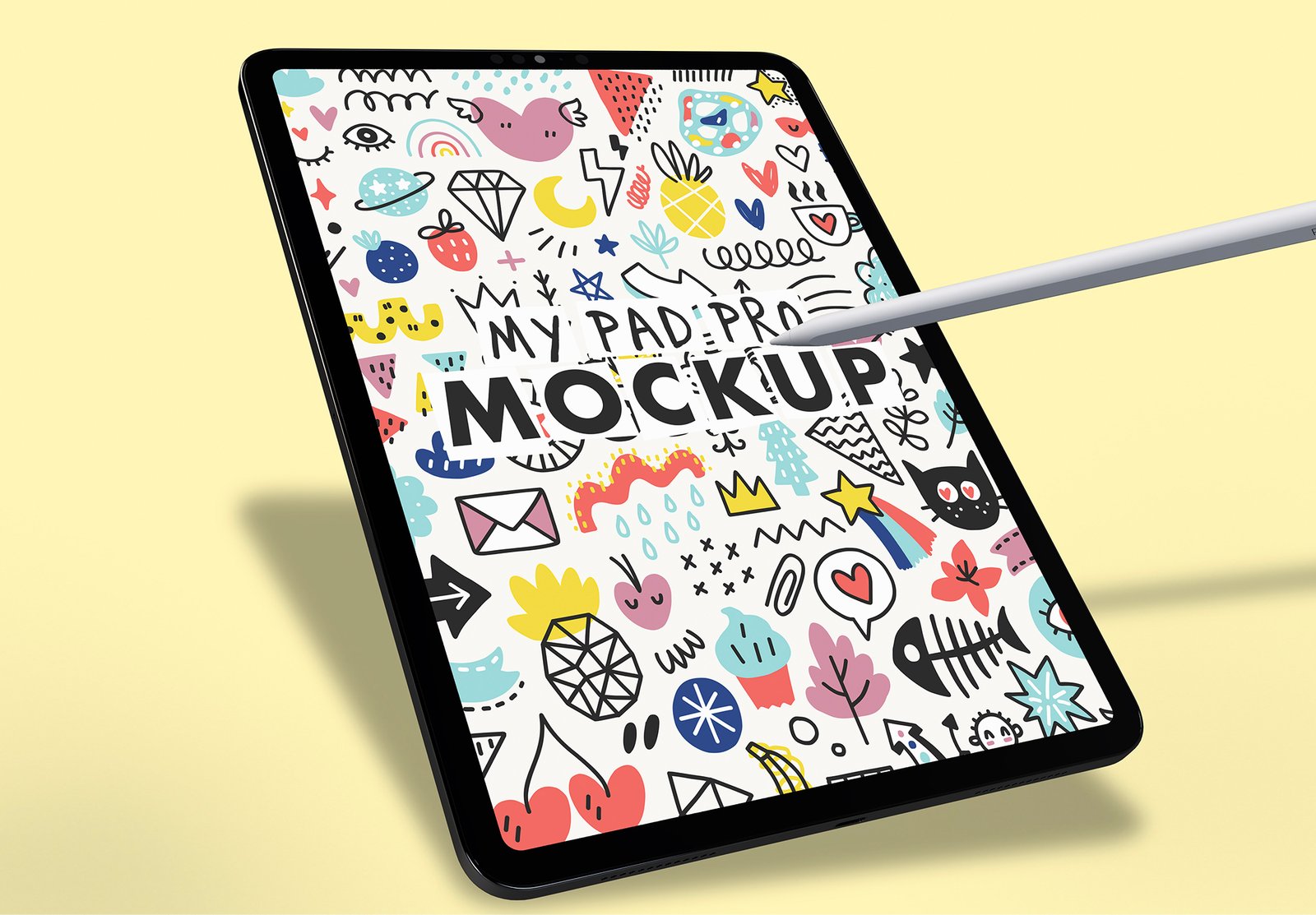 iPad Pro Mockup with Pencil and Yellow Background Doodle Ready