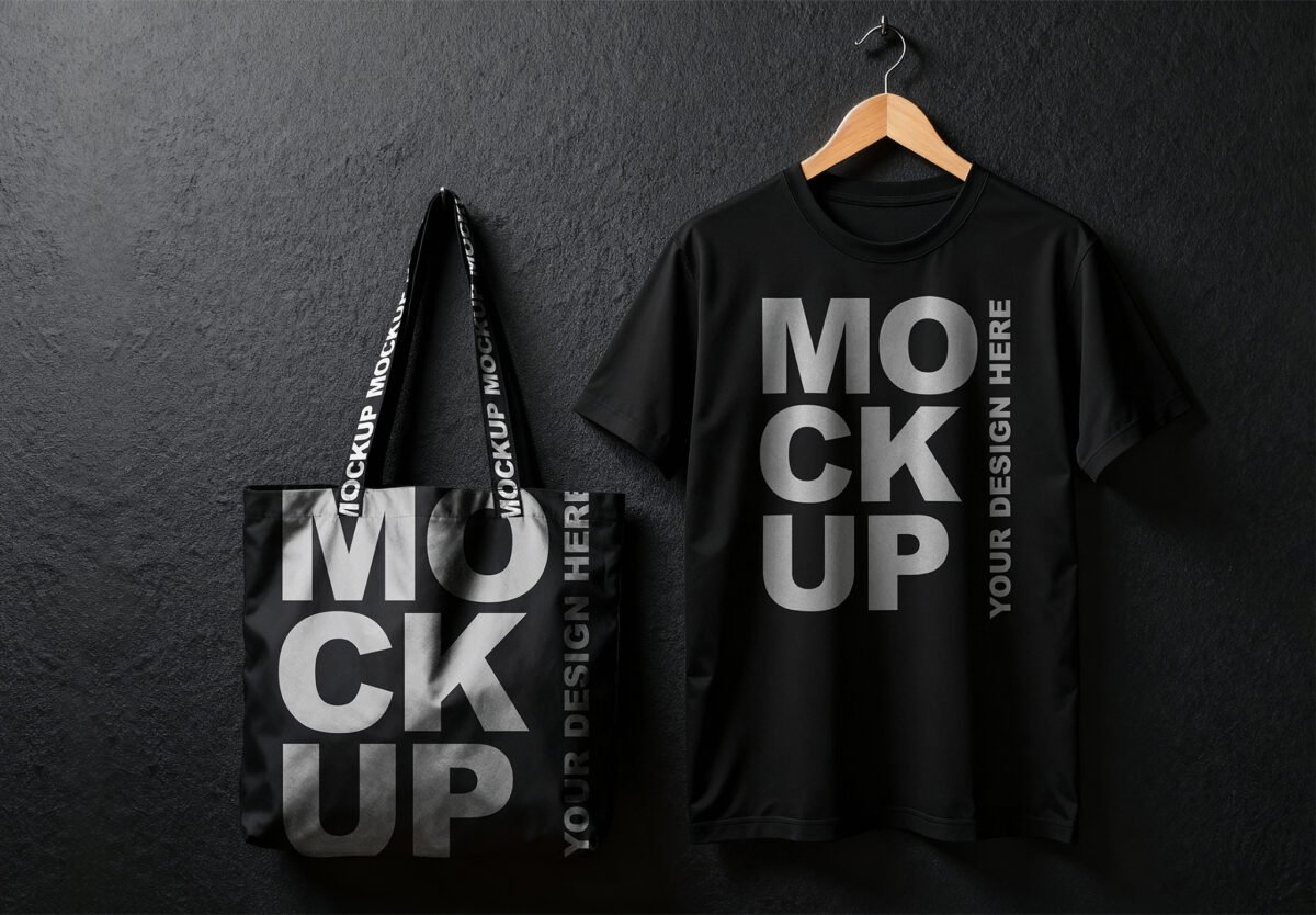 Thumbnail of a Professional Black T-Shirt and Tote Bag Mockup Hanging from a Wooden Hanger Against a Black Wall
