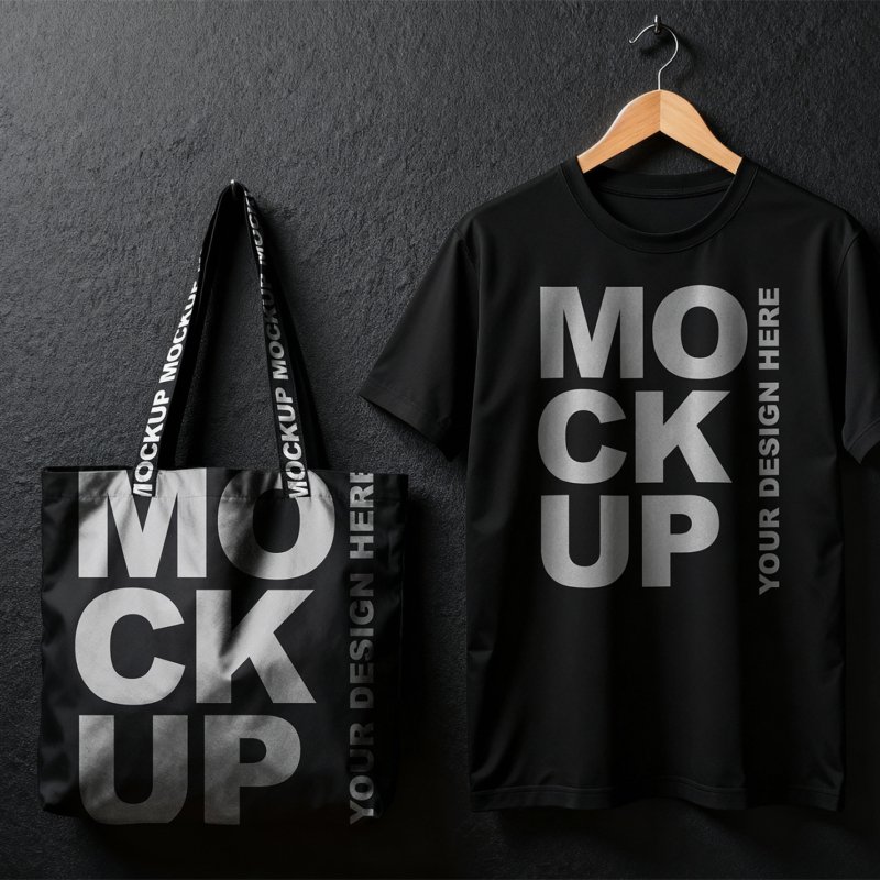 Thumbnail of a Professional Black T-Shirt and Tote Bag Mockup Hanging from a Wooden Hanger Against a Black Wall