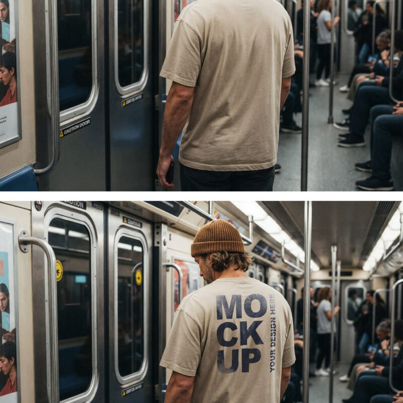 Man Back View In Subway Car T-Shirt Mockup Template - Preview1 Preview of a Man Back View In Subway Car T-Shirt Mockup Template